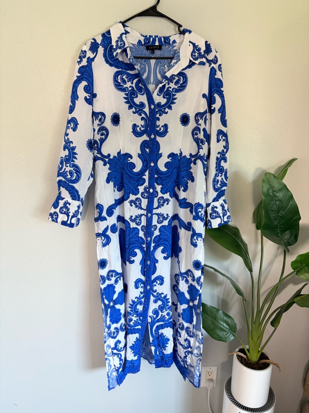1. State White Maxi Shirt Dress with Bold Cobalt Blue Baroque Print